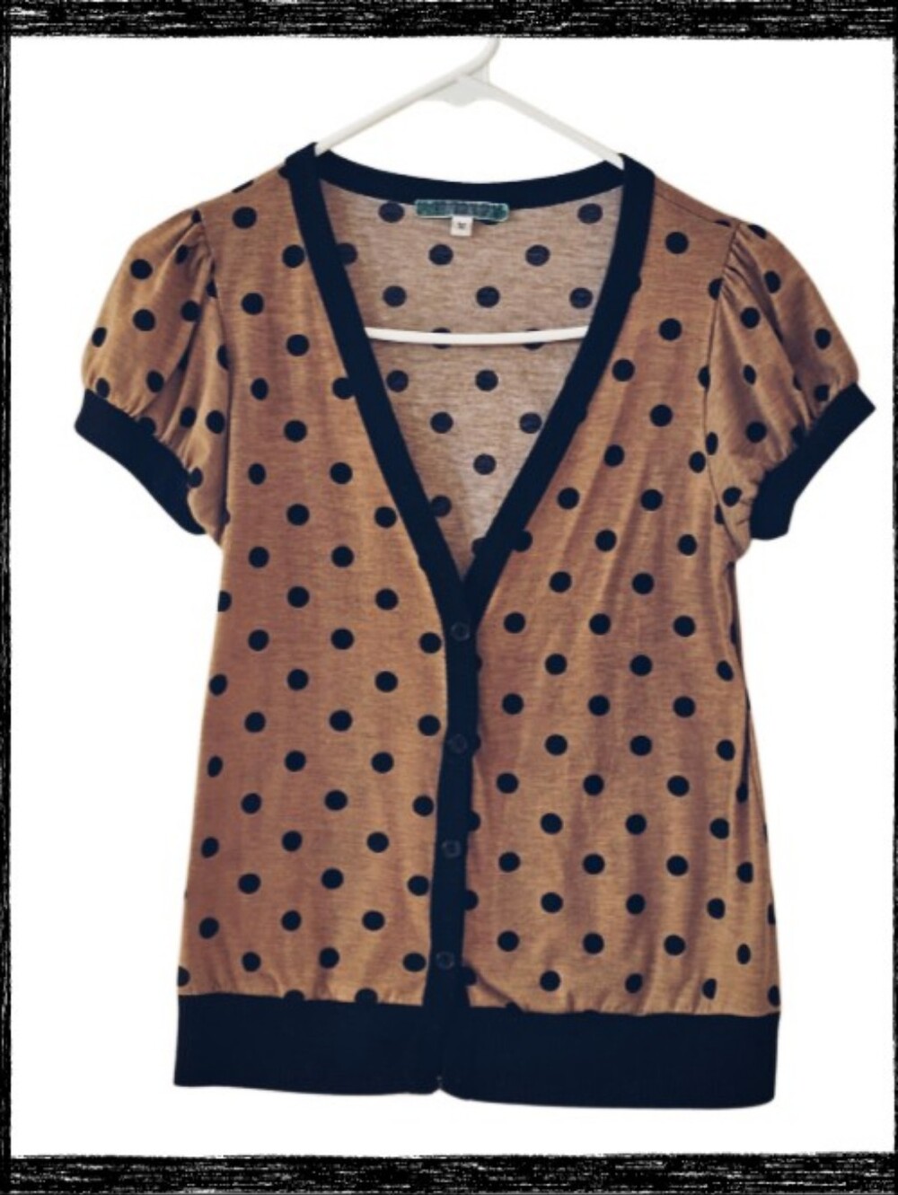 BOUTIQUE Julia’s Closet Polka Dot Puff Short Sleeve Cardigan Size M Tan Black